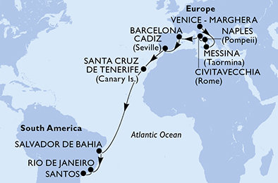 Itálie, Španělsko, Brazílie z Marghery na lodi MSC Armonia