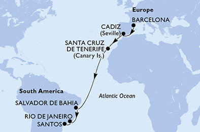 Španělsko, Brazílie z Barcelony na lodi MSC Armonia