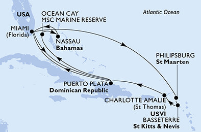 USA, Dominikánská republika, Bahamy, Svatý Martin, Svatý Kryštof a Nevis z Miami na lodi MSC Seashore
