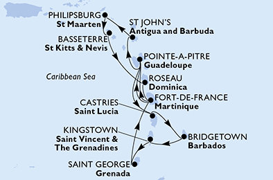Martinik, Guadeloupe, Antigua a Barbuda, Svatý Martin, Svatý Kryštof a Nevis, Dominika, Svatá Lucie, Barbados, Svatý Vincenc a Grenadiny, Grenada z Fort-de-France na lodi MSC World Europa