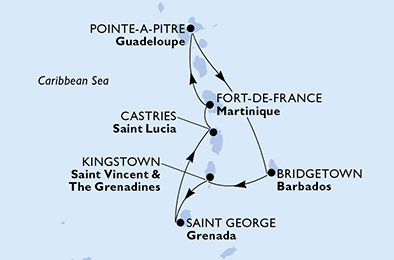 Martinik, Guadeloupe, Barbados, Svatý Vincenc a Grenadiny, Grenada, Svatá Lucie z Fort-de-France na lodi MSC World Europa