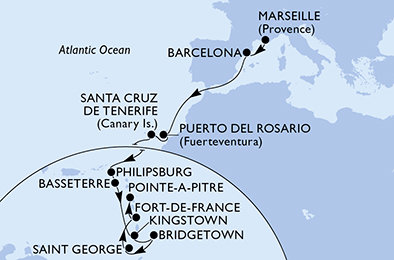 Francie, Španělsko, Svatý Martin, Svatý Kryštof a Nevis, Svatý Vincenc a Grenadiny, Barbados, Grenada, Martinik, Guadeloupe z Marseille na lodi MSC World Europa