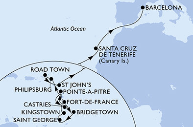 Martinik, Guadeloupe, Svatá Lucie, Barbados, Grenada, Svatý Vincenc a Grenadiny, Svatý Martin, Britské Panenské ostrovy, Antigua a Barbuda, Španělsko z Fort-de-France na lodi MSC World Europa