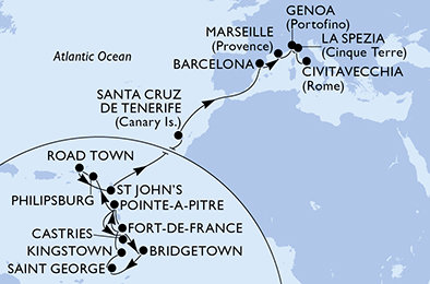 Martinik, Guadeloupe, Svatá Lucie, Barbados, Grenada, Svatý Vincenc a Grenadiny, Svatý Martin, Britské Panenské ostrovy, Antigua a Barbuda, Španělsko, Francie, Itálie z Fort-de-France na lodi MSC World Europa