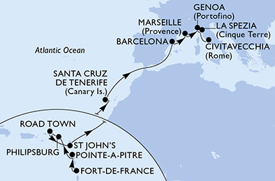 Martinik, Guadeloupe, Svatý Martin, Britské Panenské ostrovy, Antigua a Barbuda, Španělsko, Francie, Itálie z Fort-de-France na lodi MSC World Europa