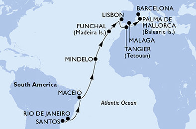 Brazílie, Kapverdy, Portugalsko, Maroko, Španělsko ze Santosu na lodi MSC Seaview