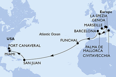 Francie, Itálie, Španělsko, Portugalsko, USA z Marseille na lodi MSC Grandiosa