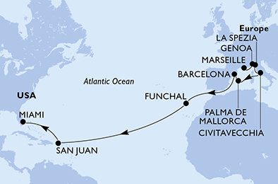 Francie, Itálie, Španělsko, Portugalsko, USA z Marseille na lodi MSC Grandiosa