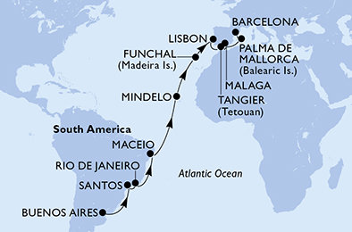Argentina, Brazílie, Kapverdy, Portugalsko, Maroko, Španělsko z Buenos Aires na lodi MSC Seaview