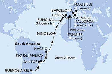 Argentina, Brazílie, Kapverdy, Portugalsko, Maroko, Španělsko, Francie z Buenos Aires na lodi MSC Seaview
