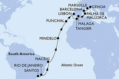 Brazílie, Kapverdy, Portugalsko, Maroko, Španělsko, Francie, Itálie ze Santosu na lodi MSC Seaview