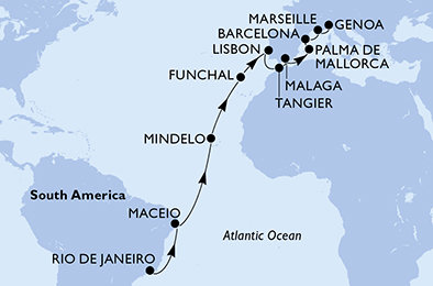 Brazílie, Kapverdy, Portugalsko, Maroko, Španělsko, Francie, Itálie z Rio de Janeira na lodi MSC Seaview