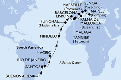 Argentina, Brazílie, Kapverdy, Portugalsko, Maroko, Španělsko, Francie, Itálie z Buenos Aires na lodi MSC Seaview