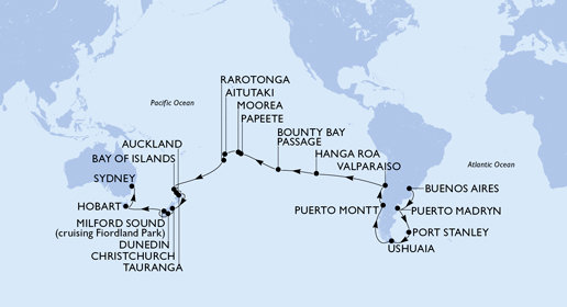 Argentina, Zámořské území Velké Británie, Chile, Francouzská Polynésie, Cookovy ostrovy, Nový Zéland, Austrálie z Buenos Aires na lodi MSC Magnifica