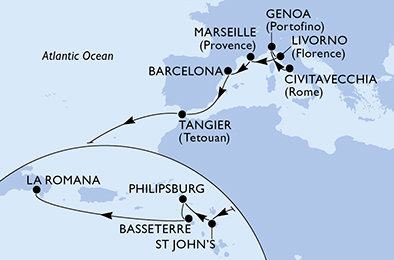 Itálie, Francie, Španělsko, Maroko, Antigua a Barbuda, Svatý Martin, Svatý Kryštof a Nevis, Dominikánská republika z Civitavecchia na lodi MSC Opera