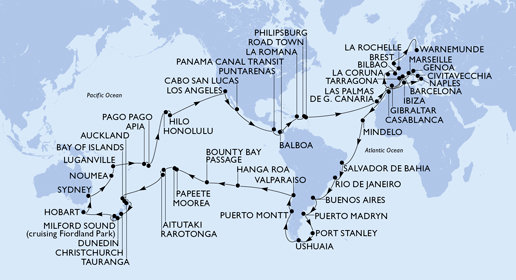 Itálie, Francie, Španělsko, Velká Británie, Maroko, Kapverdy, Brazílie, Argentina, Zámořské území Velké Británie, Chile, Francouzská Polynésie, Cookovy ostrovy, Nový Zéland, Austrálie, Nová Kaledonie, Vanuatu, Samoa, Americká Samoa, USA, Mexiko, Kostarika, , Panama, Dominikánská republika, Britské Panenské ostrovy, Svatý Martin, Německo z Janova na lodi MSC Magnifica
