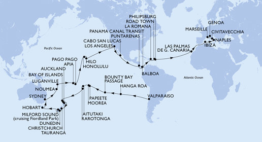 Chile, Zámořské území Velké Británie, Francouzská Polynésie, Cookovy ostrovy, Nový Zéland, Austrálie, Nová Kaledonie, Vanuatu, Samoa, Americká Samoa, USA, Mexiko, Kostarika, , Panama, Dominikánská republika, Britské Panenské ostrovy, Svatý Martin, Španělsko, Itálie, Francie z Valparaisa na lodi MSC Magnifica