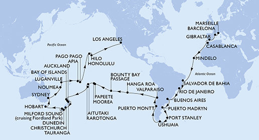 Francie, Španělsko, Velká Británie, Maroko, Kapverdy, Brazílie, Argentina, Zámořské území Velké Británie, Chile, Francouzská Polynésie, Cookovy ostrovy, Nový Zéland, Austrálie, Nová Kaledonie, Vanuatu, Samoa, Americká Samoa, USA z Marseille na lodi MSC Magnifica