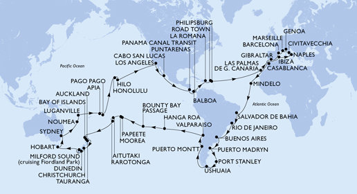 Itálie, Francie, Španělsko, Velká Británie, Maroko, Kapverdy, Brazílie, Argentina, Zámořské území Velké Británie, Chile, Francouzská Polynésie, Cookovy ostrovy, Nový Zéland, Austrálie, Nová Kaledonie, Vanuatu, Samoa, Americká Samoa, USA, Mexiko, Kostarika, , Panama, Dominikánská republika, Britské Panenské ostrovy, Svatý Martin z Janova na lodi MSC Magnifica
