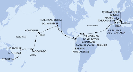 Austrálie, Nová Kaledonie, Vanuatu, Samoa, Americká Samoa, USA, Mexiko, Kostarika, , Panama, Dominikánská republika, Britské Panenské ostrovy, Svatý Martin, Španělsko, Itálie, Francie ze Sydney na lodi MSC Magnifica