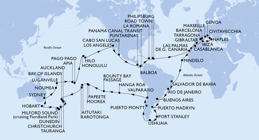 Španělsko, Velká Británie, Maroko, Kapverdy, Brazílie, Argentina, Zámořské území Velké Británie, Chile, Francouzská Polynésie, Cookovy ostrovy, Nový Zéland, Austrálie, Nová Kaledonie, Vanuatu, Samoa, Americká Samoa, USA, Mexiko, Kostarika, , Panama, Dominikánská republika, Britské Panenské ostrovy, Svatý Martin, Itálie, Francie z Barcelony na lodi MSC Magnifica