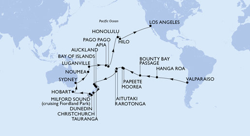 Chile, Zámořské území Velké Británie, Francouzská Polynésie, Cookovy ostrovy, Nový Zéland, Austrálie, Nová Kaledonie, Vanuatu, Samoa, Americká Samoa, USA z Valparaisa na lodi MSC Magnifica