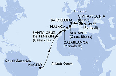 Brazílie, Španělsko, Maroko, Itálie z Maceia na lodi MSC Divina