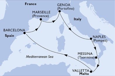 Itálie, Malta, Španělsko, Francie z Neapole na lodi MSC World Asia