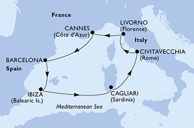 Itálie, Francie, Španělsko z Cagliari na lodi MSC Fantasia