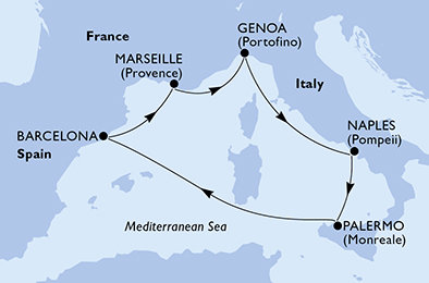 Itálie, Španělsko, Francie z Neapole na lodi MSC Seashore