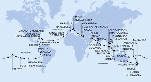 Francie, Španělsko, Zámořské území Velké Británie, Bahamy, Panama, , Ekvádor, Peru, Chile, Francouzská Polynésie, Tonga, Nová Kaledonie, Nový Zéland, Austrálie, Indonésie, Vietnam, Thajsko, Kambodža, Singapur, Malajsie, Srí Lanka, Indie, Spojené arabské emiráty, Omán, Jordánsko, Egypt, Itálie z Marseille na lodi MSC Magnifica