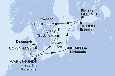 Německo, Litva, Estonsko, Finsko, Švédsko, Dánsko z Warnemünde na lodi MSC Splendida