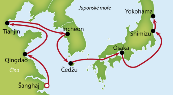 Východočínským mořem ze Šanghaje přes Jižní Koreu až do Tokia