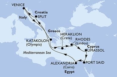 Z Benátek do Řecka a přes Alexandrii zpět na MSC Lirica