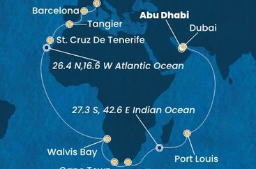Spojené arabské emiráty, Mauricius, Jihoafrická republika, Namibie, Španělsko, Maroko, Itálie z Abu Dhabi na lodi Costa Smeralda