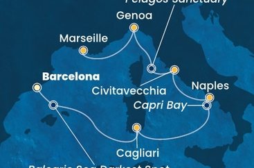 Španělsko, Sardinie, Itálie, Francie z Barcelony na lodi Costa Smeralda