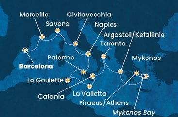 Španělsko, Francie, Itálie, Tunisko, Malta, Kefalonie, Řecko z Barcelony na lodi Costa Fascinosa
