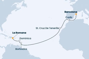 Španělsko, Barbados, Dominika, Dominikánská republika z Barcelony na lodi Costa Pacifica