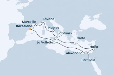 Španělsko, Francie, Itálie, Řecko, Izrael, Egypt, Malta z Barcelony na lodi Costa Pacifica