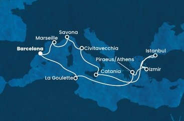 Španělsko, Francie, Itálie, Turecko, Řecko, Tunisko z Barcelony na lodi Costa Fortuna