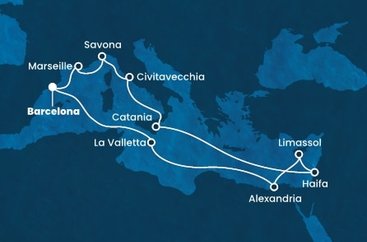 Španělsko, Francie, Itálie, Izrael, Kypr, Egypt, Malta z Barcelony na lodi Costa Diadema