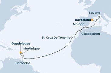 Španělsko, Itálie, Maroko, Barbados, Martinik, Guadeloupe z Barcelony na lodi Costa Fascinosa