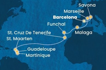 Španělsko, Itálie, Francie, Portugalsko, Svatý Martin, Martinik, Guadeloupe z Barcelony na lodi Costa Fascinosa