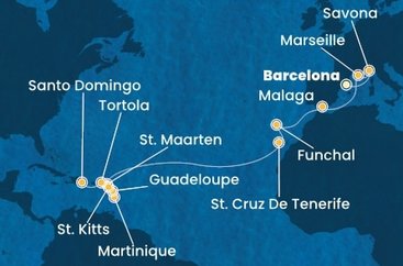 Španělsko, Itálie, Francie, Portugalsko, Svatý Martin, Martinik, Guadeloupe, Svatý Kryštof a Nevis, Britské Panenské ostrovy, Dominikánská republika z Barcelony na lodi Costa Fascinosa