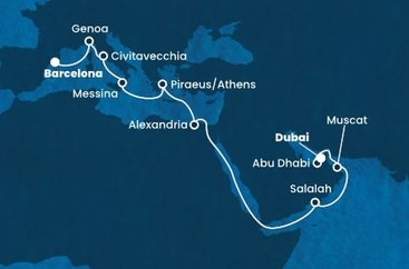Španělsko, Itálie, Řecko, Egypt, Omán, Spojené arabské emiráty z Barcelony na lodi Costa Smeralda