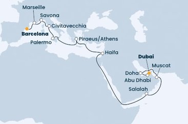 Španělsko, Francie, Itálie, Řecko, Izrael, Omán, Katar, Spojené arabské emiráty z Barcelony na lodi Costa Toscana
