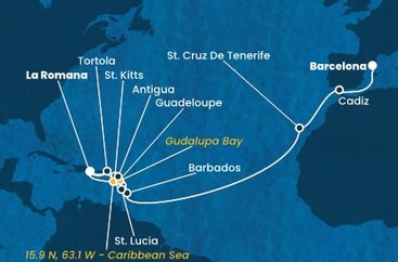 Španělsko, Barbados, Guadeloupe, Svatý Kryštof a Nevis, Britské Panenské ostrovy, Dominikánská republika, , Svatá Lucie, Antigua a Barbuda z Barcelony na lodi Costa Fascinosa
