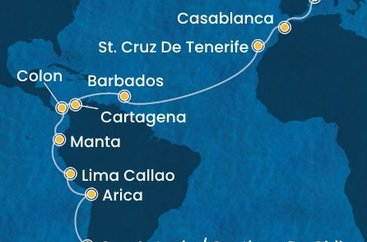 Španělsko, Maroko, Barbados, Kolumbie, Panama, Ekvádor, Peru, Chile z Barcelony na lodi Costa Deliziosa