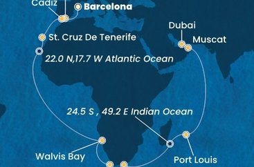 Španělsko, Namibie, Jihoafrická republika, Mauricius, Omán, Spojené arabské emiráty z Barcelony na lodi Costa Smeralda