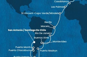 Španělsko, Maroko, Kapverdy, Brazílie, Uruguay, Argentina, Chile z Barcelony na lodi Costa Deliziosa